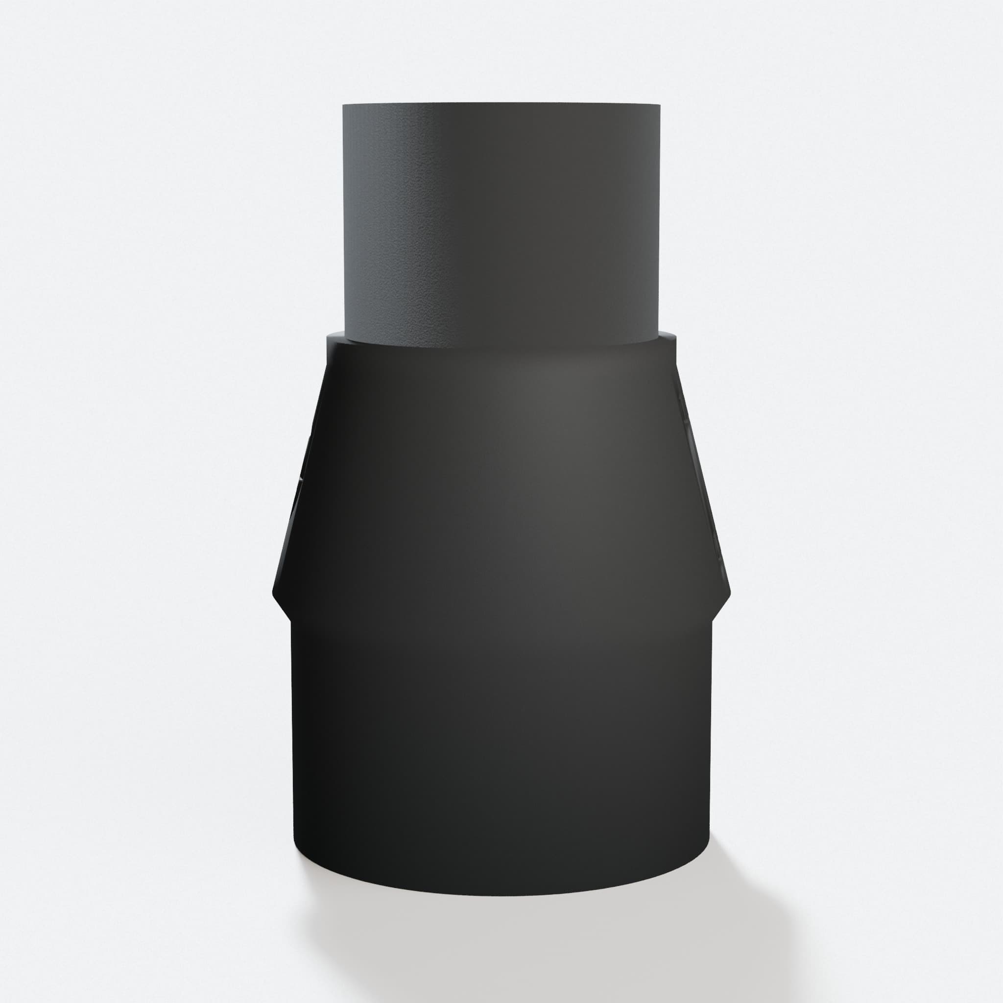 Angled view of the Rikon 50-114 adapter with a 47.6 mm 1.875" Duct end