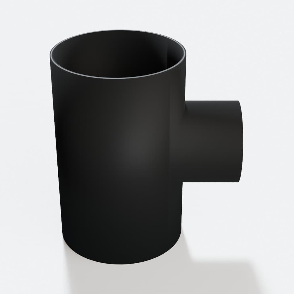 4 inch to 2-1/2 inch Tee Fitting - 3D Printed Dust Collection Fitting, product render in Black