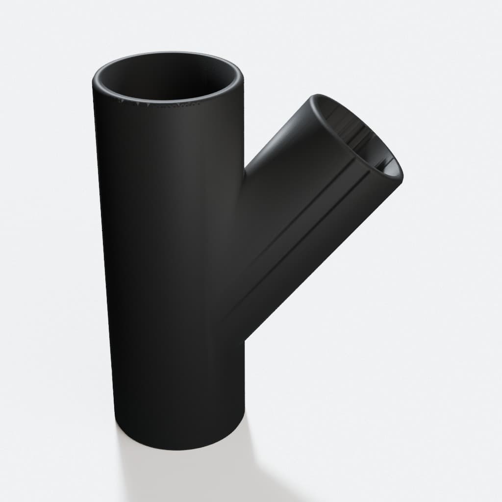 2-1/4 inch to 1-7/8 inch Wye Splitter - 3D Printed Dust Collection Fitting, product render in Black