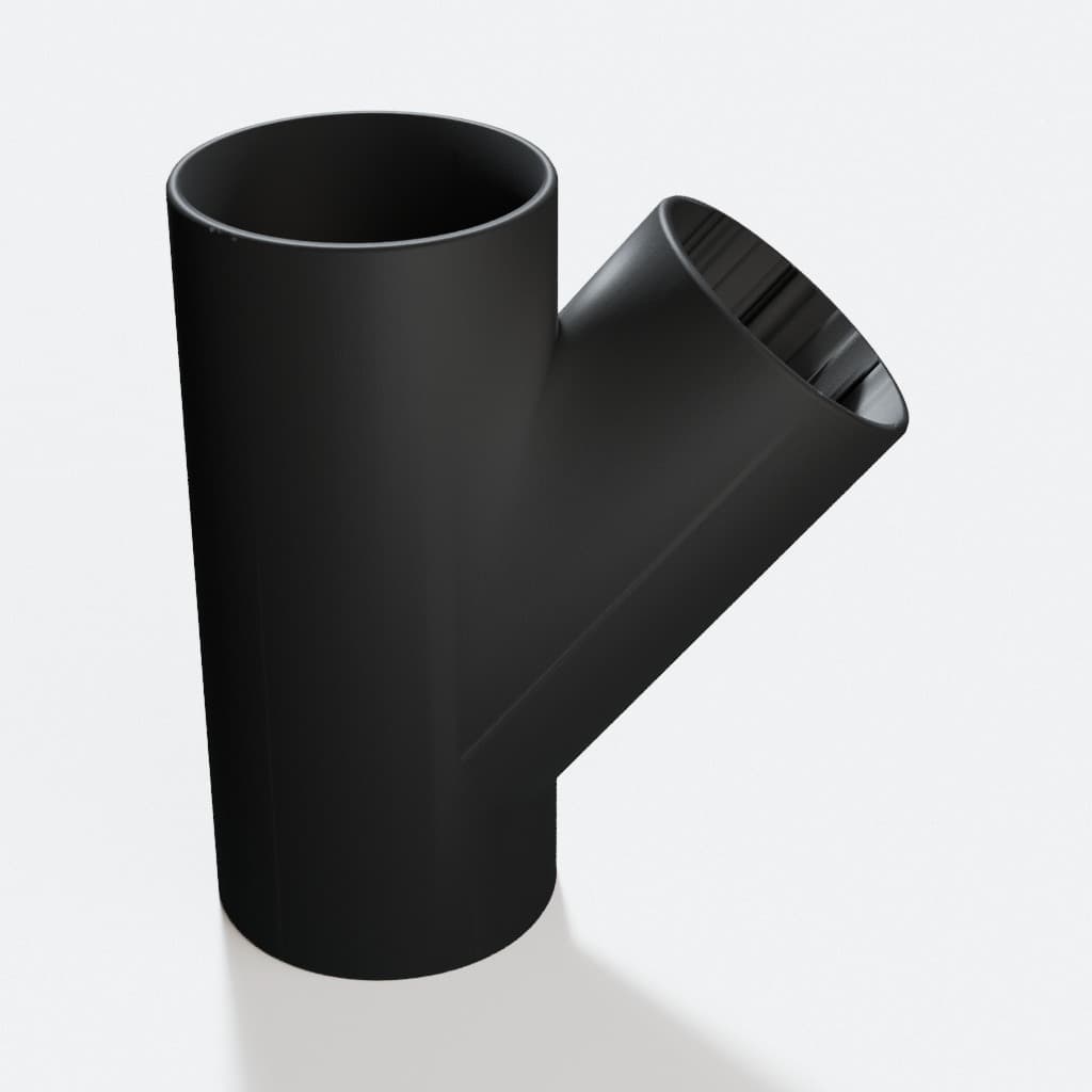 4 inch to 3-1/2 inch Wye Splitter - 3D Printed Dust Collection Fitting, product render in Black