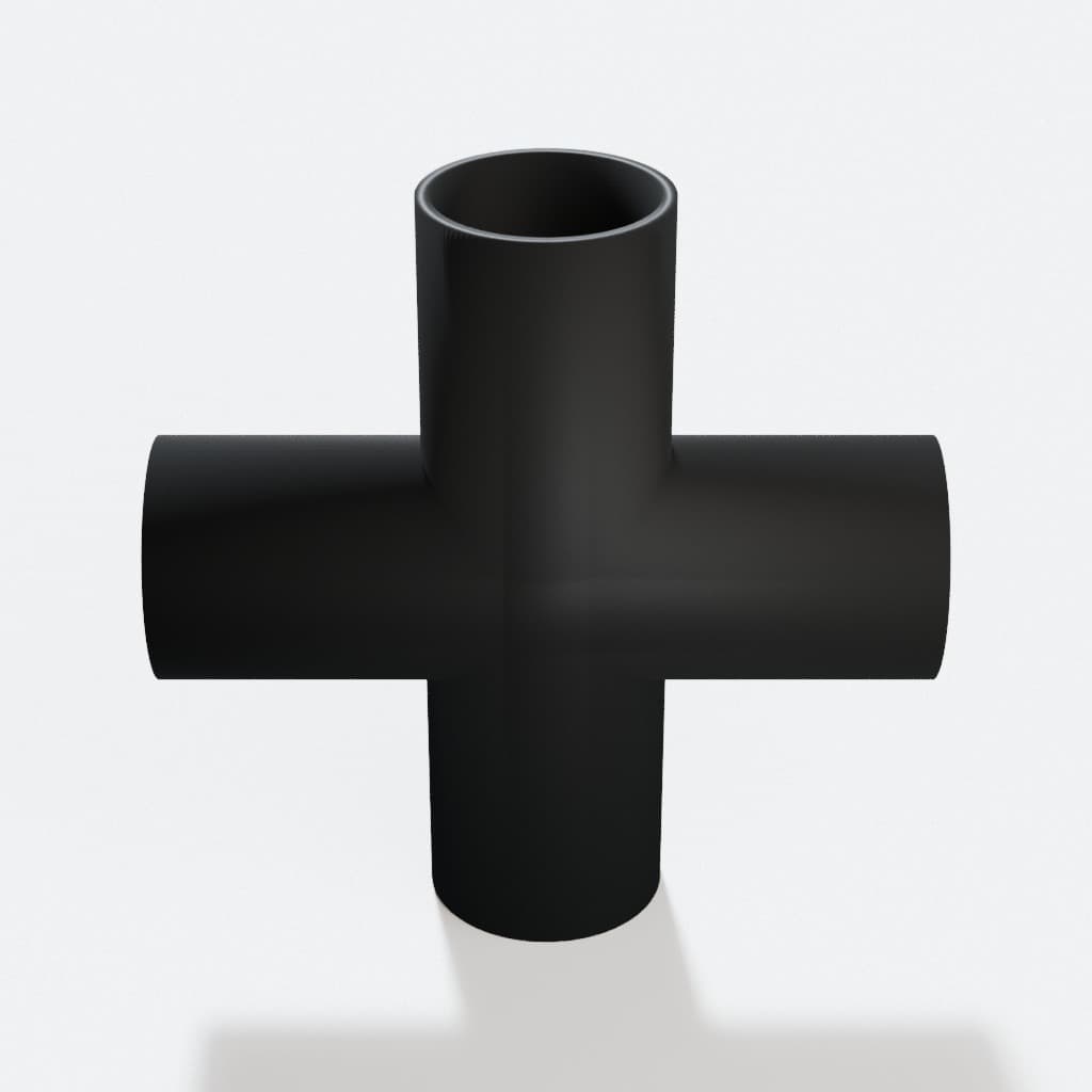 1-1/2 inch Cross Fitting - 3D Printed Dust Collection Fitting, product render in Black