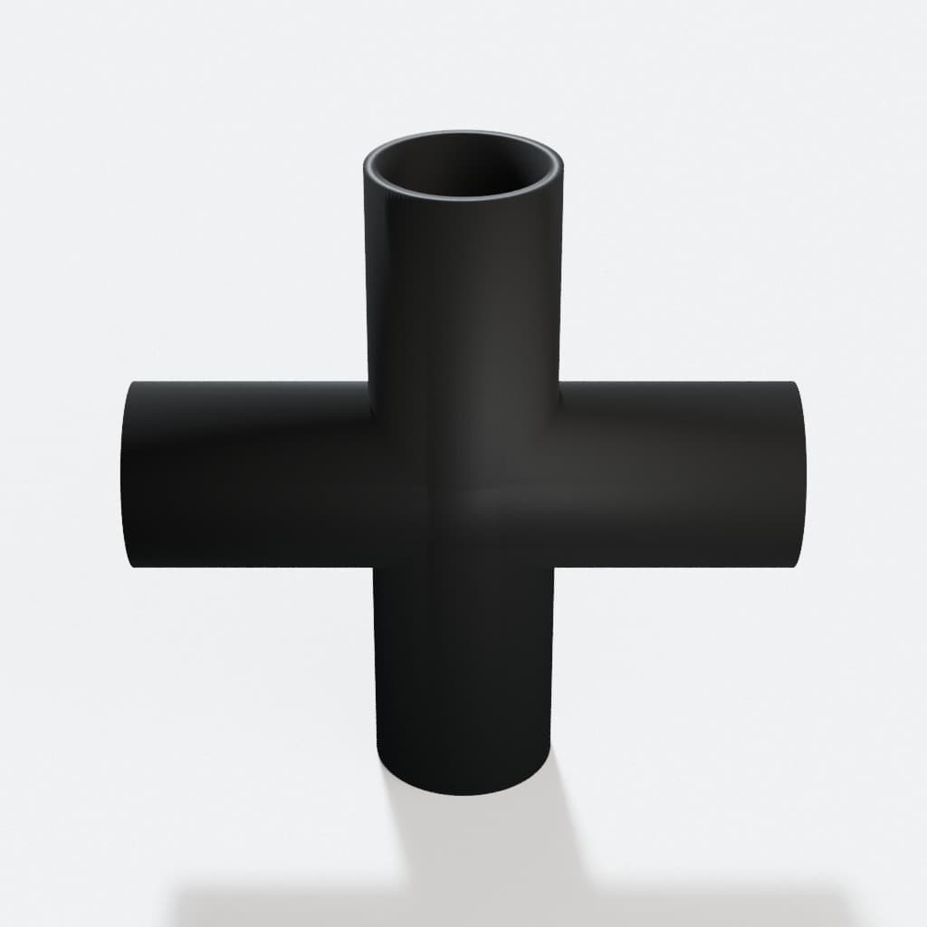 1-1/4 inch Cross Fitting - 3D Printed Dust Collection Fitting, product render in Black