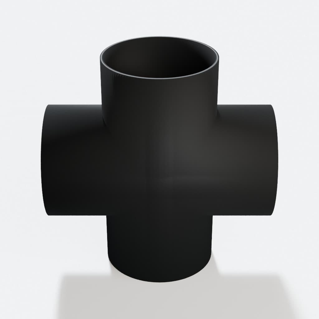 3-1/2 inch Cross Fitting - 3D Printed Dust Collection Fitting, product render in Black