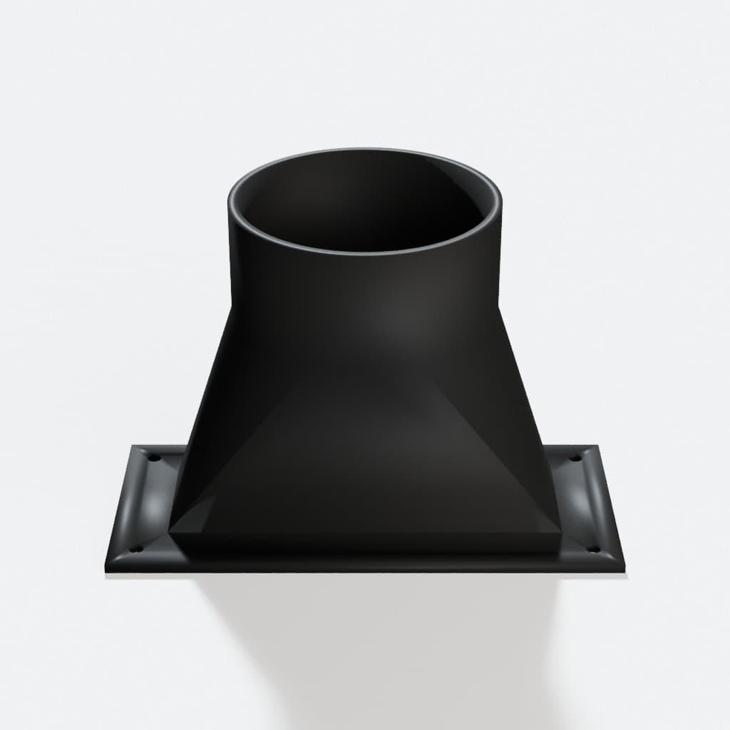 Baseboard Floor Sweep with 2-1/2 inch Duct Connection, product render in Black