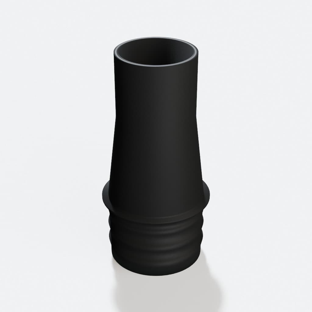1-1/2 inch Corrugated Hose to 1-1/4 inch Smooth Duct Adapter, product render in Black