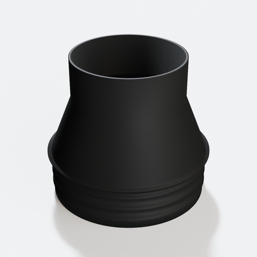 4 inch Corrugated Hose to 3 inch Smooth Duct Adapter, product render in Black