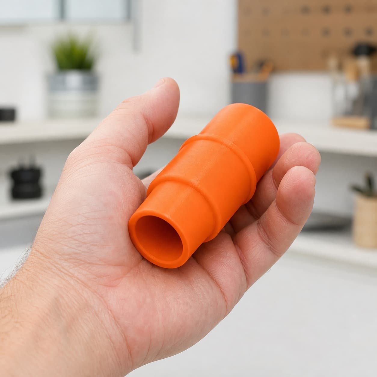 The Origin to 1.25" Shop Vac dust adapter held in one hand to show its size