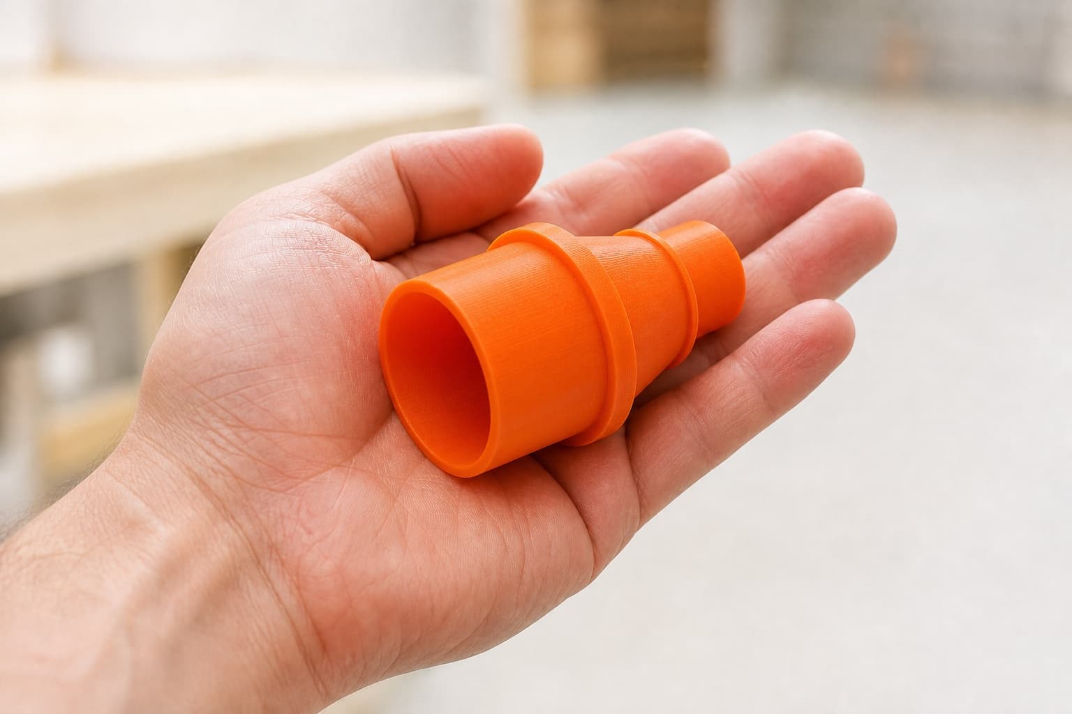 The KS120 to M18 6G Vac dust adapter held in one hand to show its size