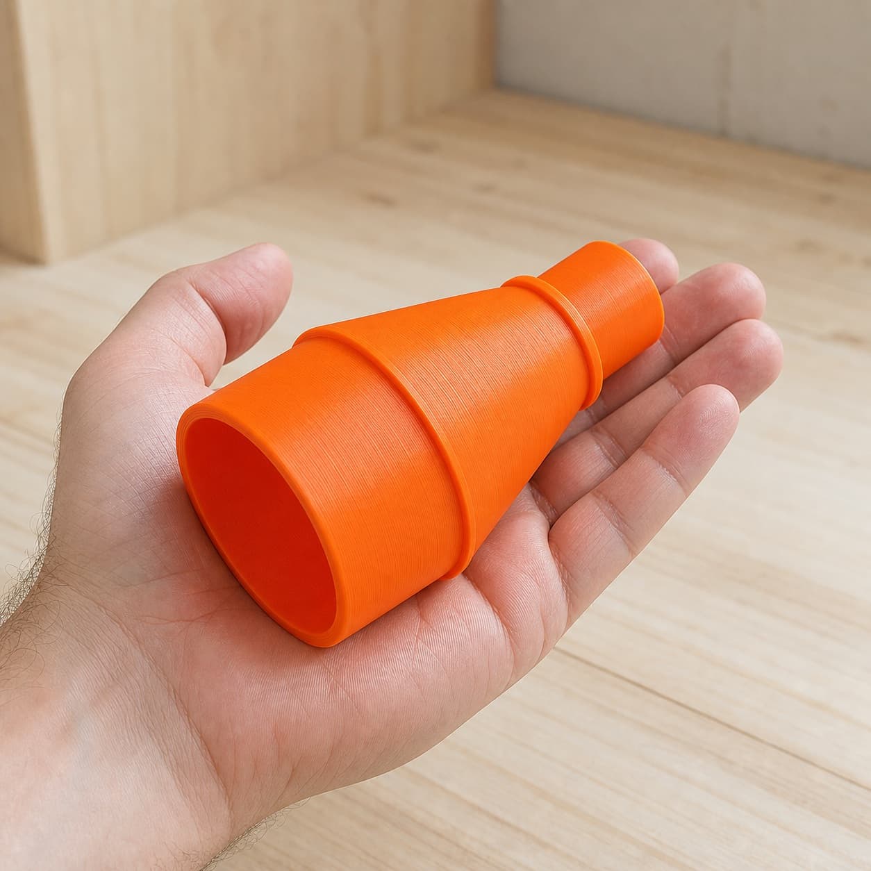 The ROS20VSK to M18 6G Vac dust adapter held in one hand to show its size