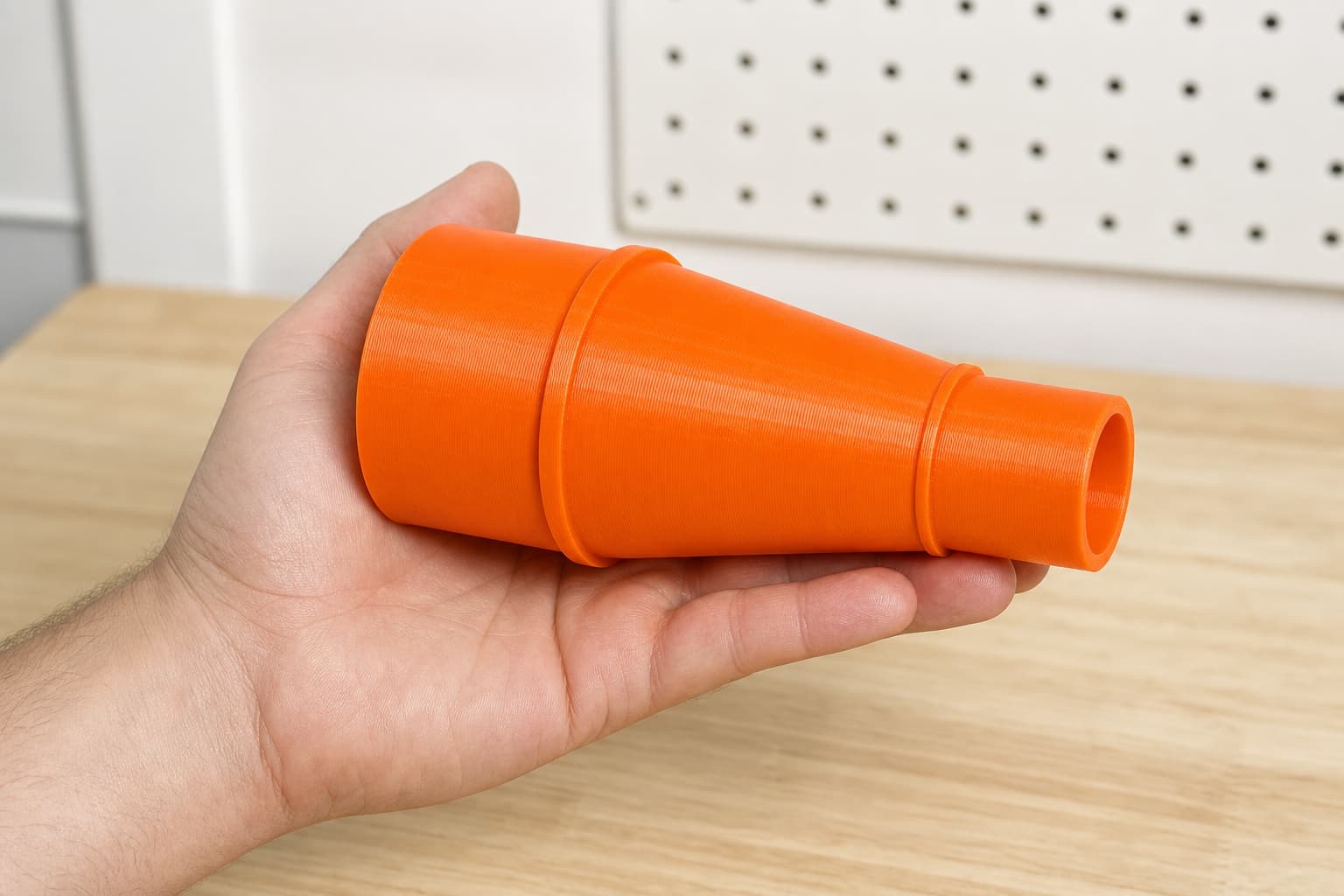 The ROS20VSK to Ridgid 14G NXT dust adapter held in one hand to show its size