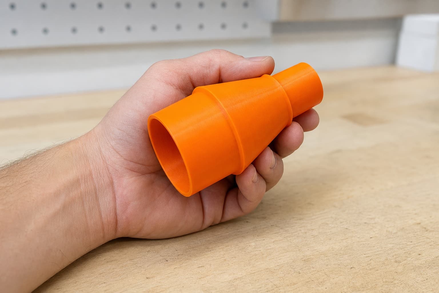 The 2723-20 to 1.875" Duct dust adapter held in one hand to show its size