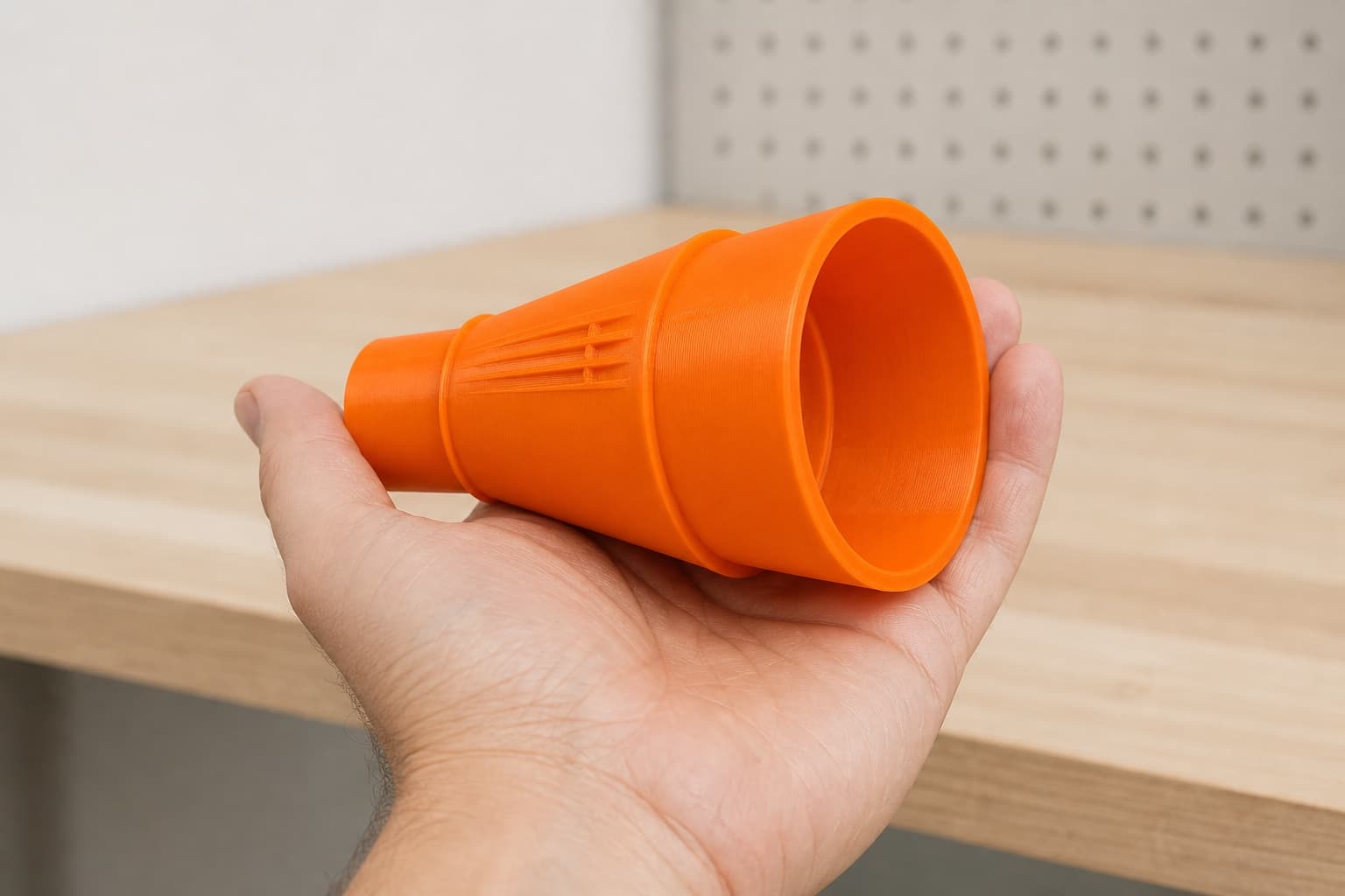 The DCW600B to Bauer 6G Vac dust adapter held in one hand to show its size
