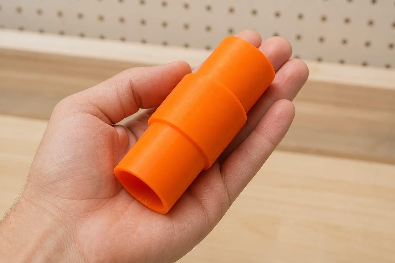 The CMCS550B to 1.25" Duct dust adapter held in one hand to show its size