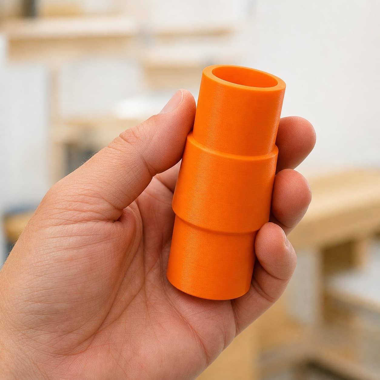 The 2737-20 to Festool CT 36 dust adapter held in one hand to show its size