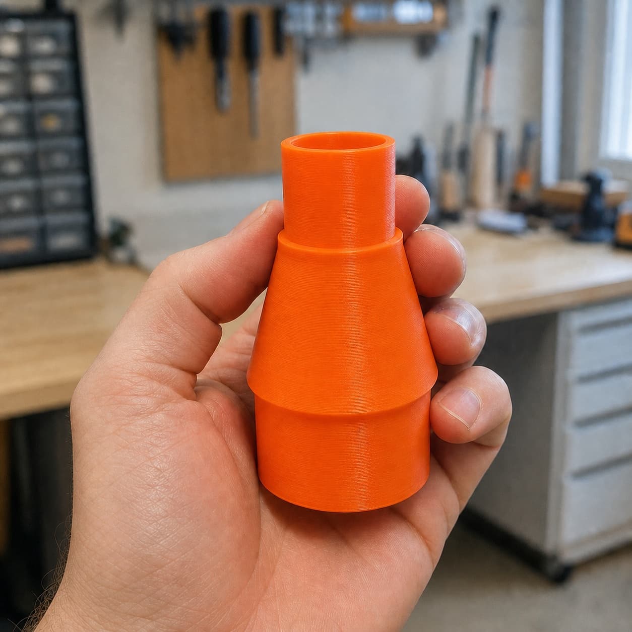 The 2737-20 to 2" Duct dust adapter held in one hand to show its size