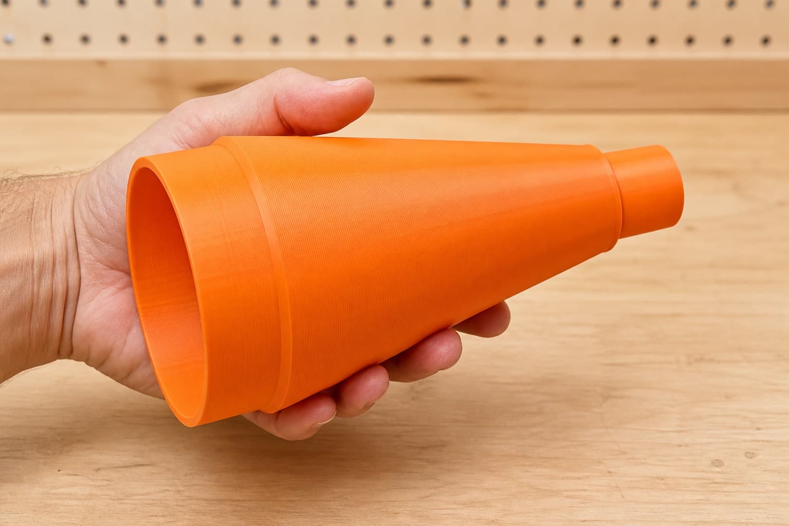The DCS391B to 4" Duct dust adapter held in one hand to show its size