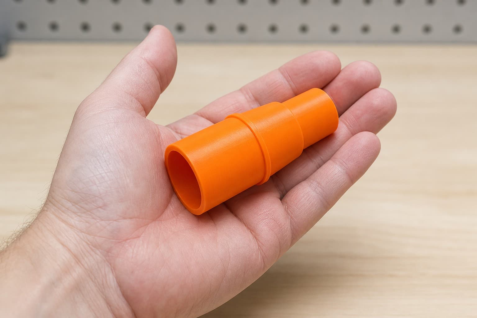 The RP2303FC to 27mm Festool dust adapter held in one hand to show its size