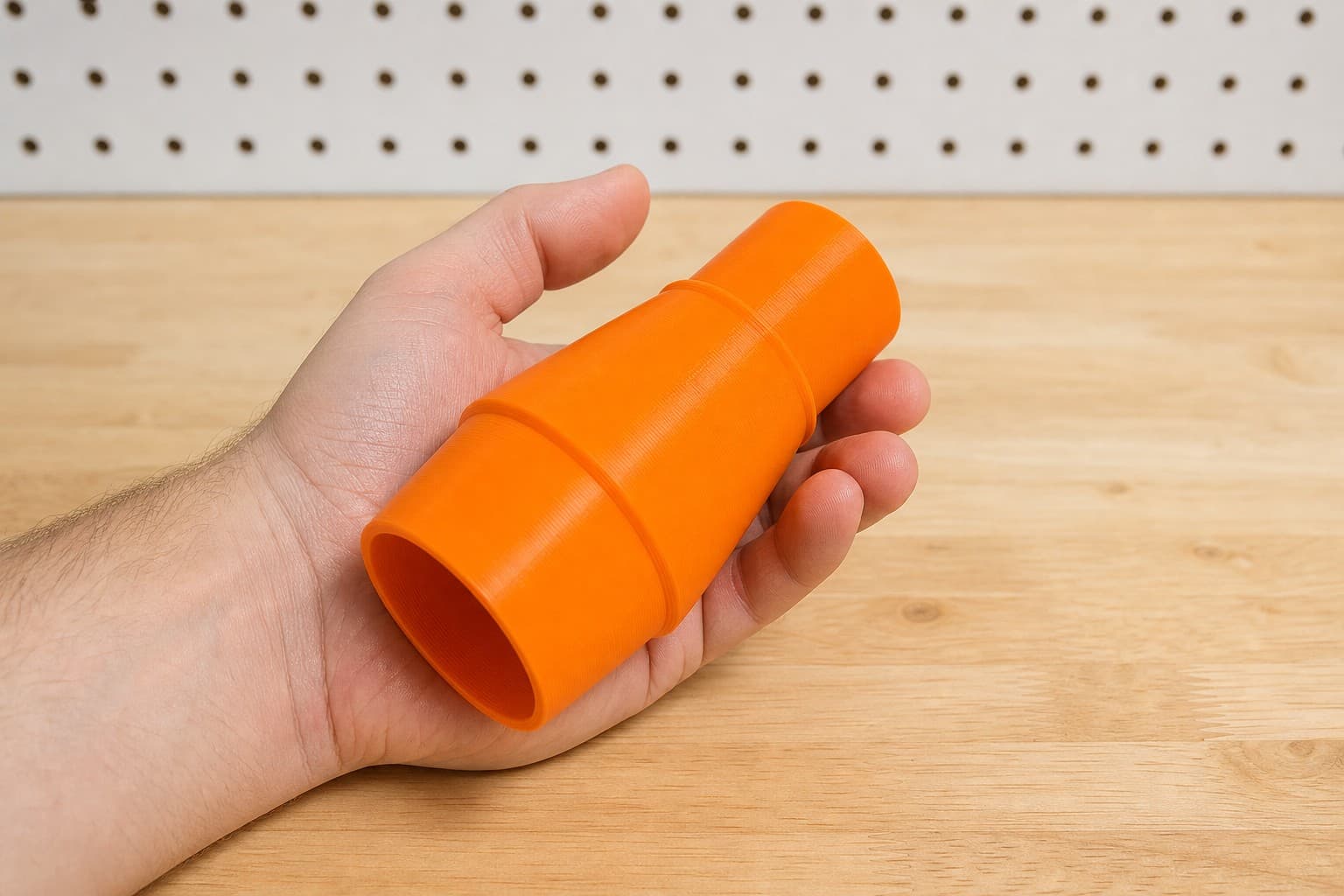 The DWS713 to Ridgid 14G NXT dust adapter held in one hand to show its size