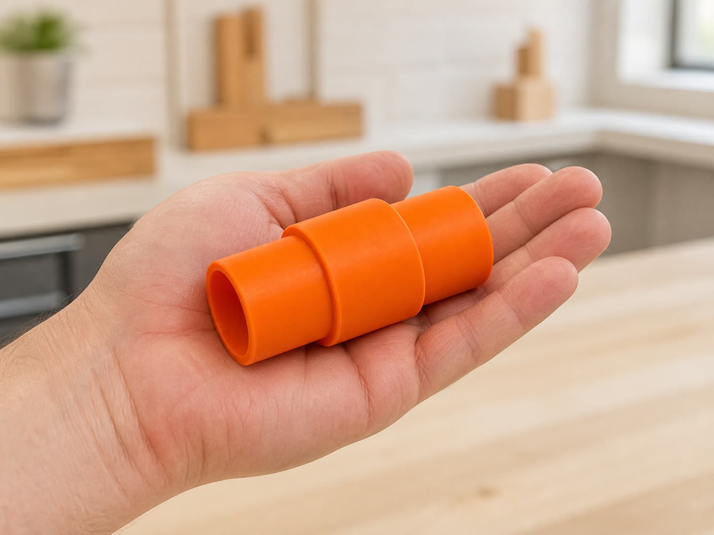 The SCT 60-22 to Bosch GAS18V-10L dust adapter held in one hand to show its size