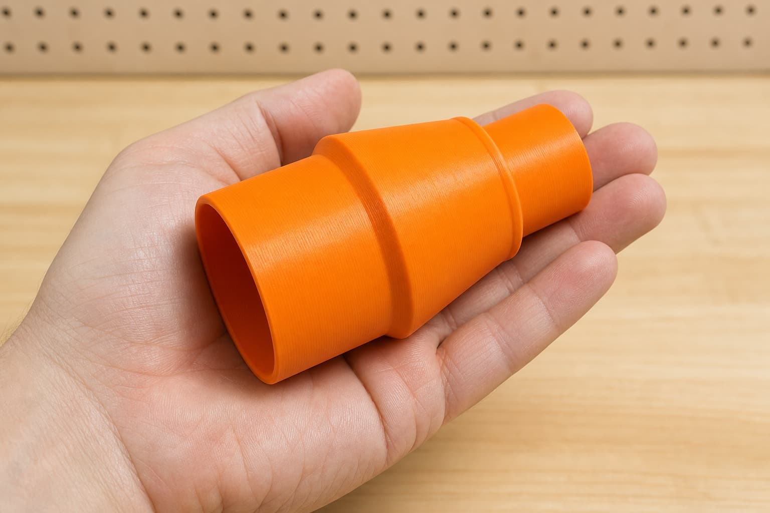 The 50-114 to 1.875" Duct dust adapter held in one hand to show its size