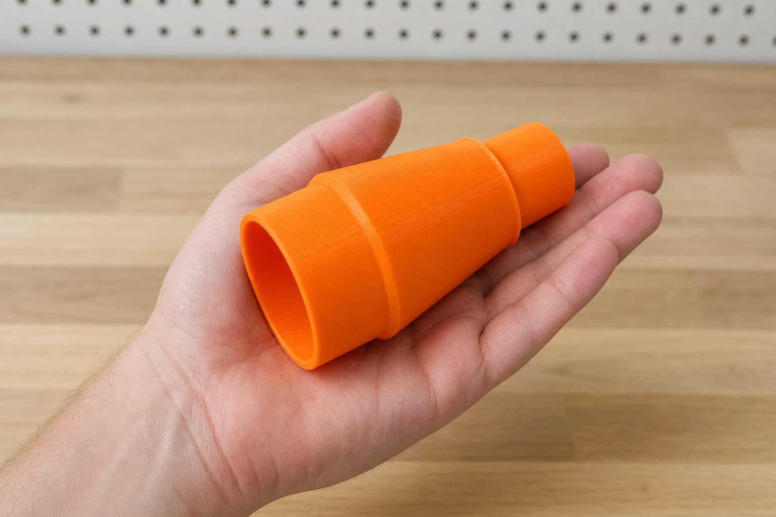 The 50-114 to Craftsman 16G dust adapter held in one hand to show its size