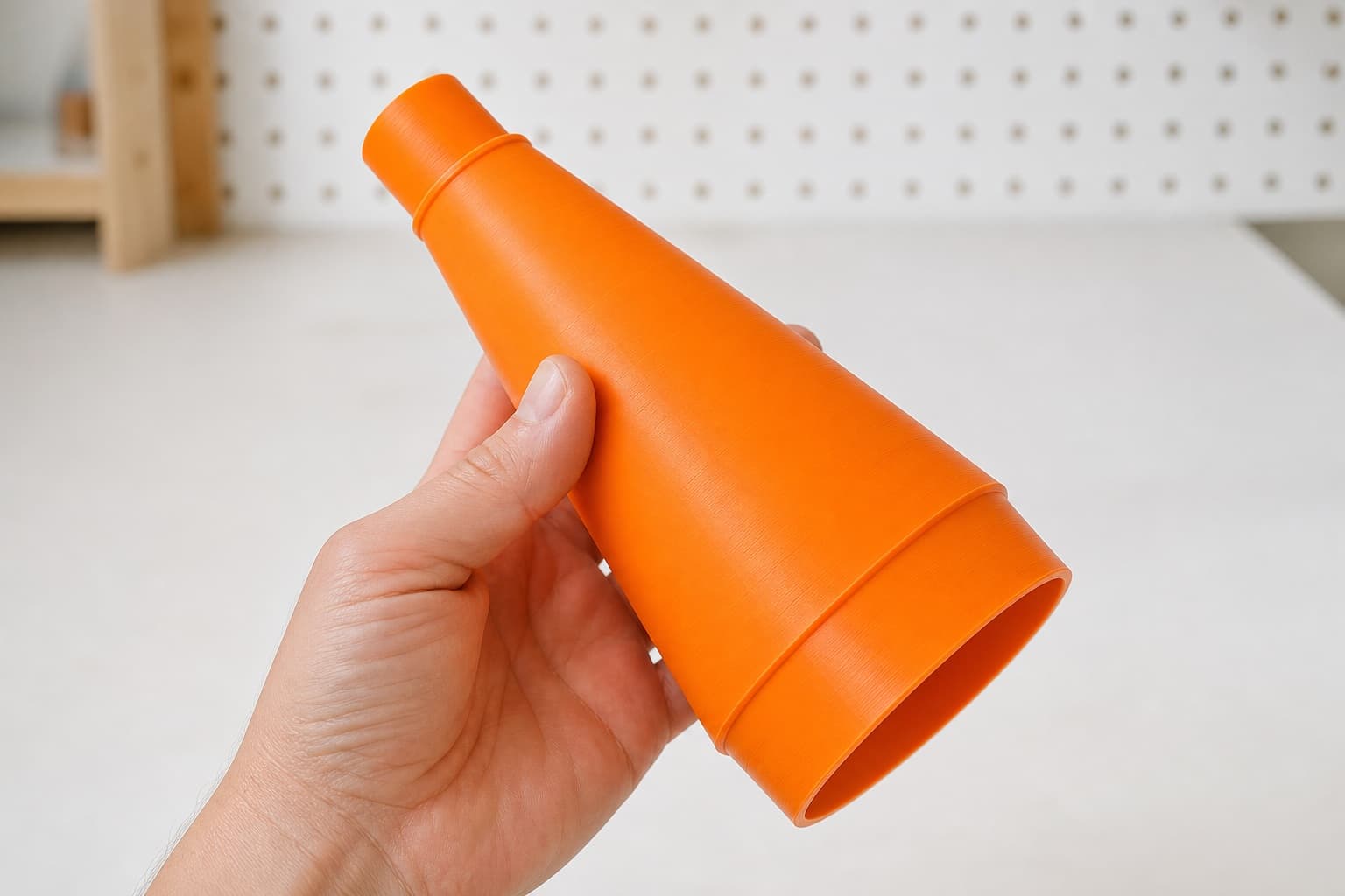 The DSP600 to 4" Duct dust adapter held in one hand to show its size