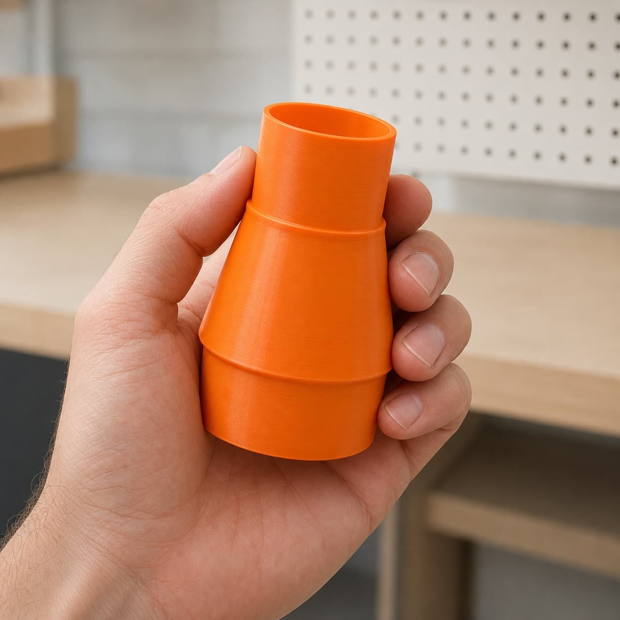 The TSS102L to Ridgid 14G NXT dust adapter held in one hand to show its size