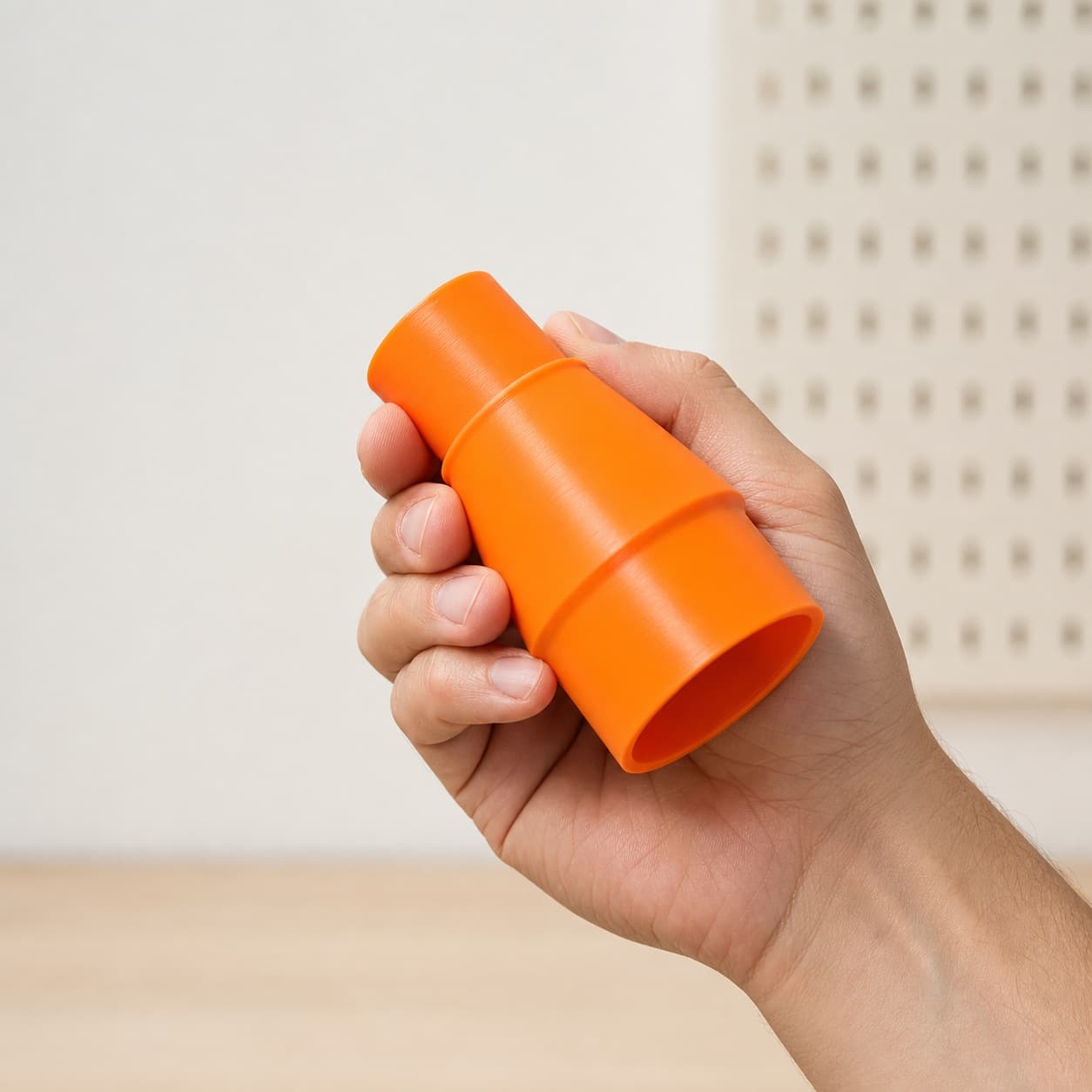 The DCS335B to 2.5" Shop Vac dust adapter held in one hand to show its size