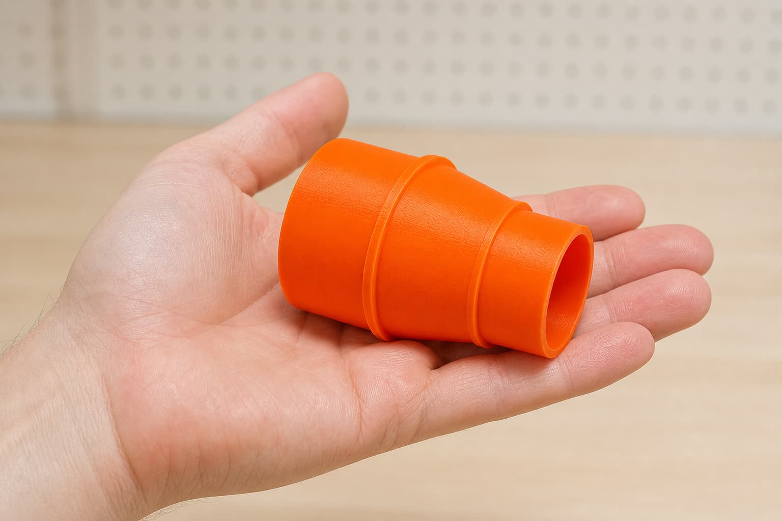 The DKP180 to Craftsman 16G dust adapter held in one hand to show its size