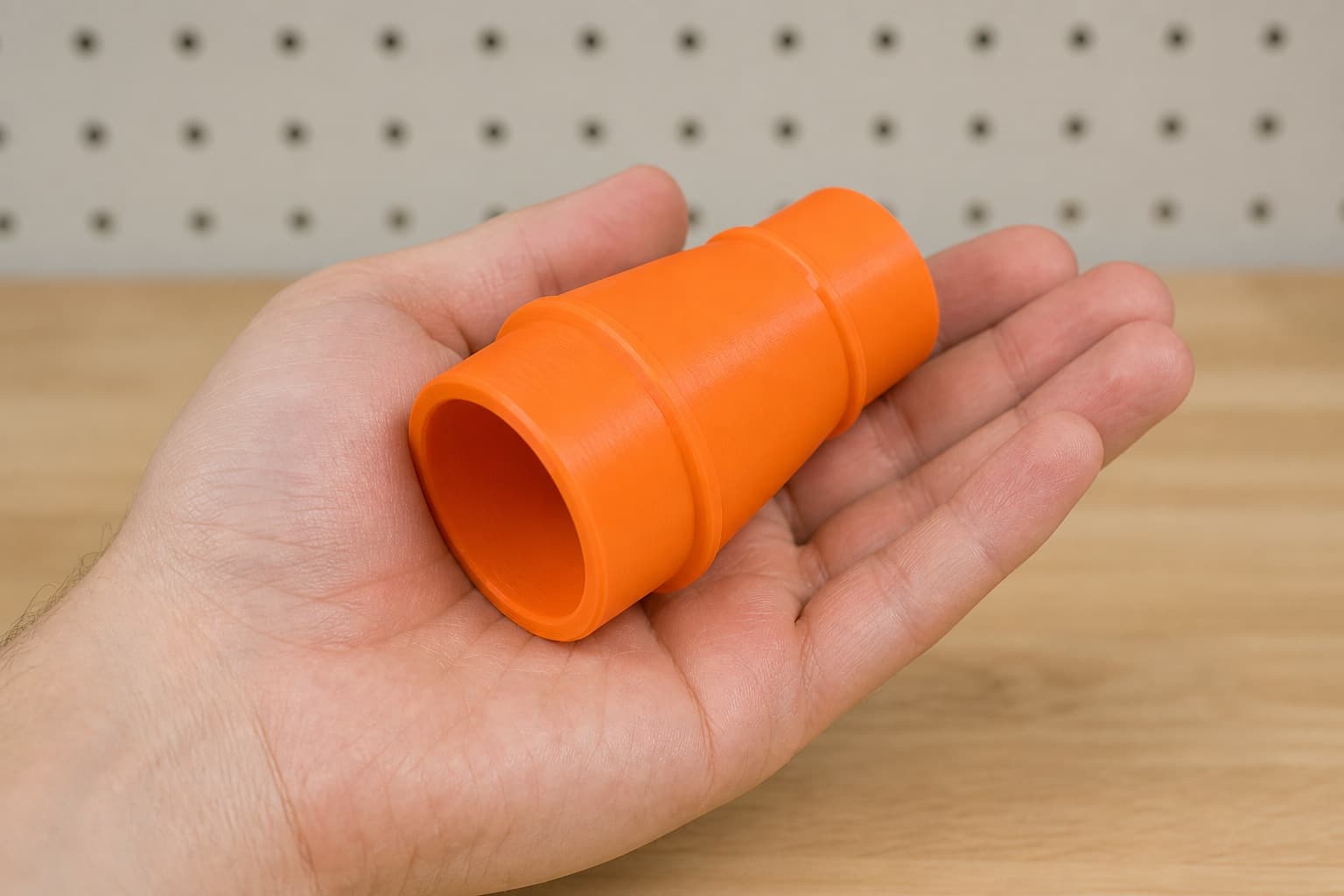 The 58862 to Bosch GAS18V-10L dust adapter held in one hand to show its size