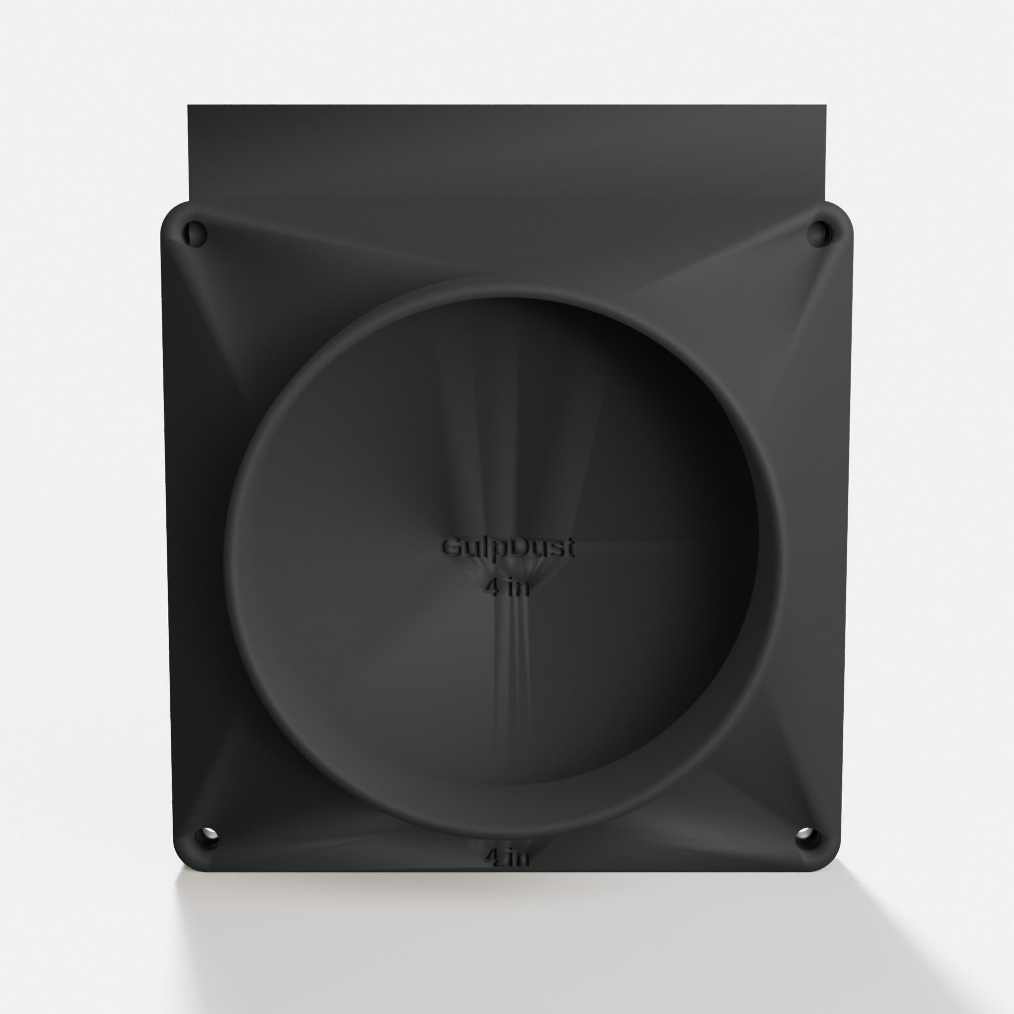 Render of the GulpDust 4 inch blast gate design, two round flanges with a flat blade between them
