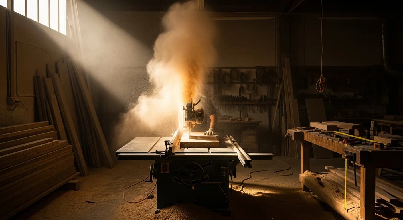 A power saw throwing a cloud of fine dust into the air in a workshop