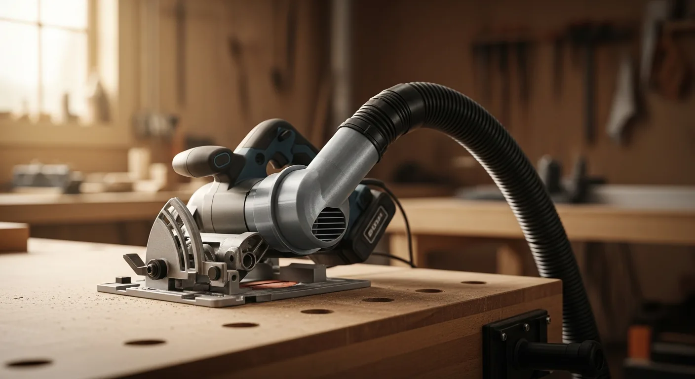 A power tool connected to a shop vac hose with a clean workbench