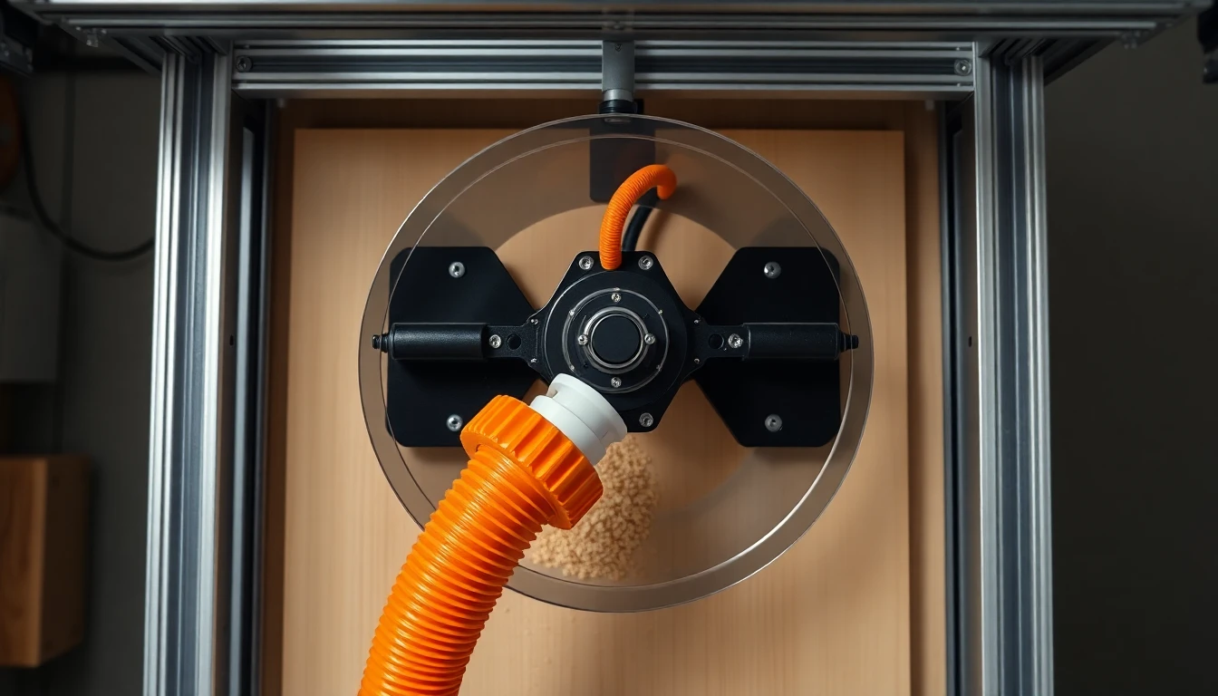 A desktop CNC router cutting plywood with a clear acrylic dust shoe wrapped around the spindle and an orange shop vac hose connected through a small white 3D-printed PETG adapter