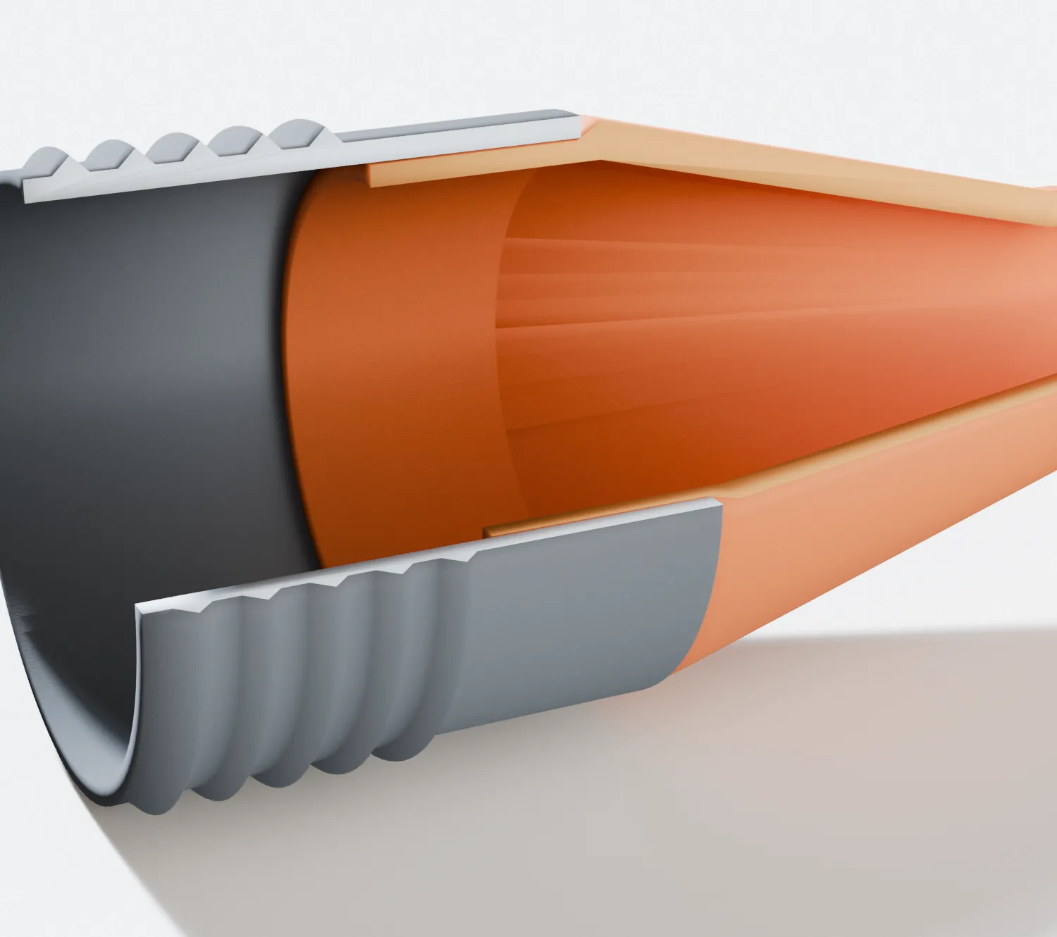 Close cutaway drawing of the joint, showing the orange adapter stub running down inside the grey hose wall to a step that stops it